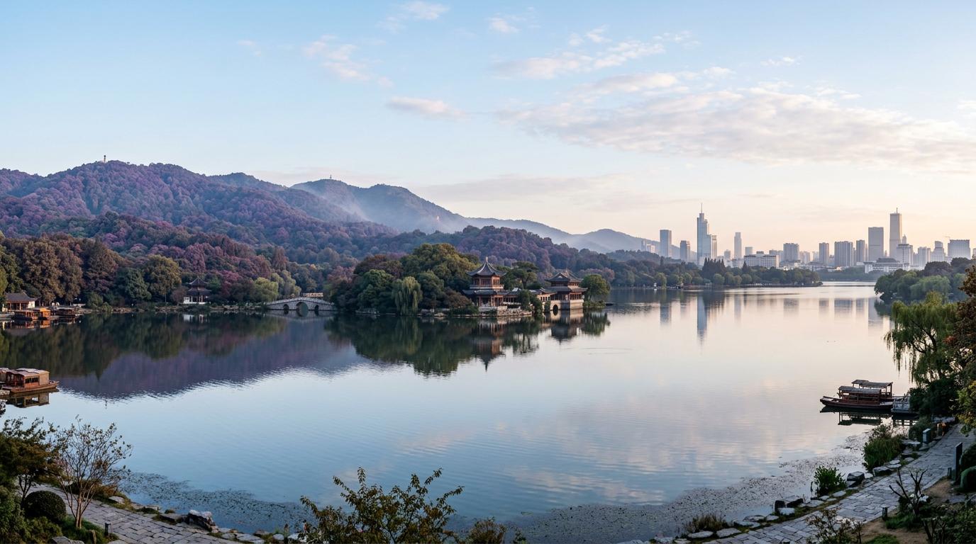 南京玄武湖与远处的紫金山